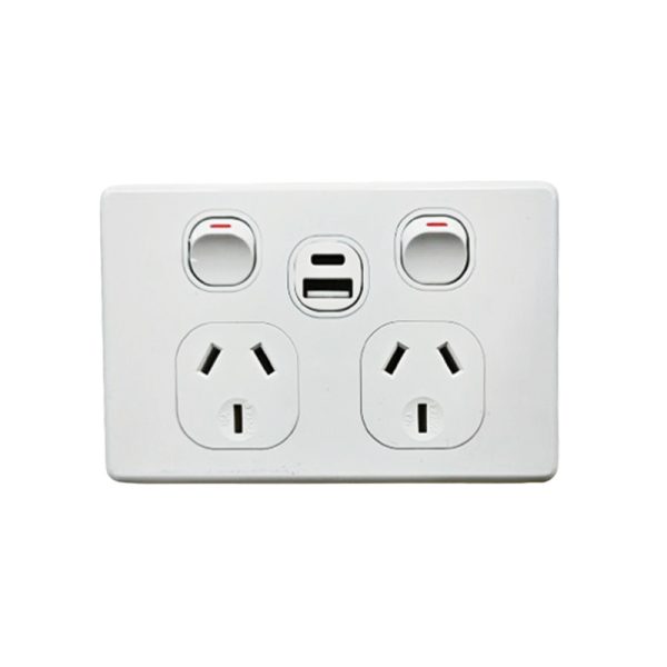 AVOL Power Point 2 Gang Double Pole | 250VAC 10A | White | Horizontal | USB Type A/C Charger